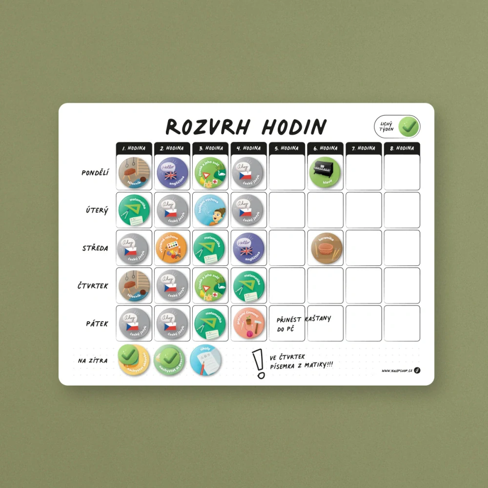 Magnetický popisovatelný školní rozvrh 40×30 cm bílý - Obrázek 3